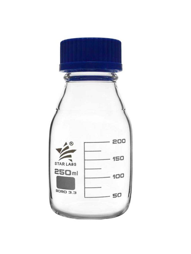 Glass lab bottles with screw caps for safe chemical storage and sampling