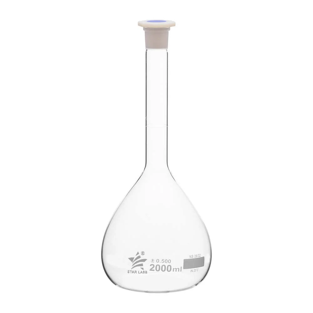 Glass volumetric flask for precise liquid measurement in chemical analysis