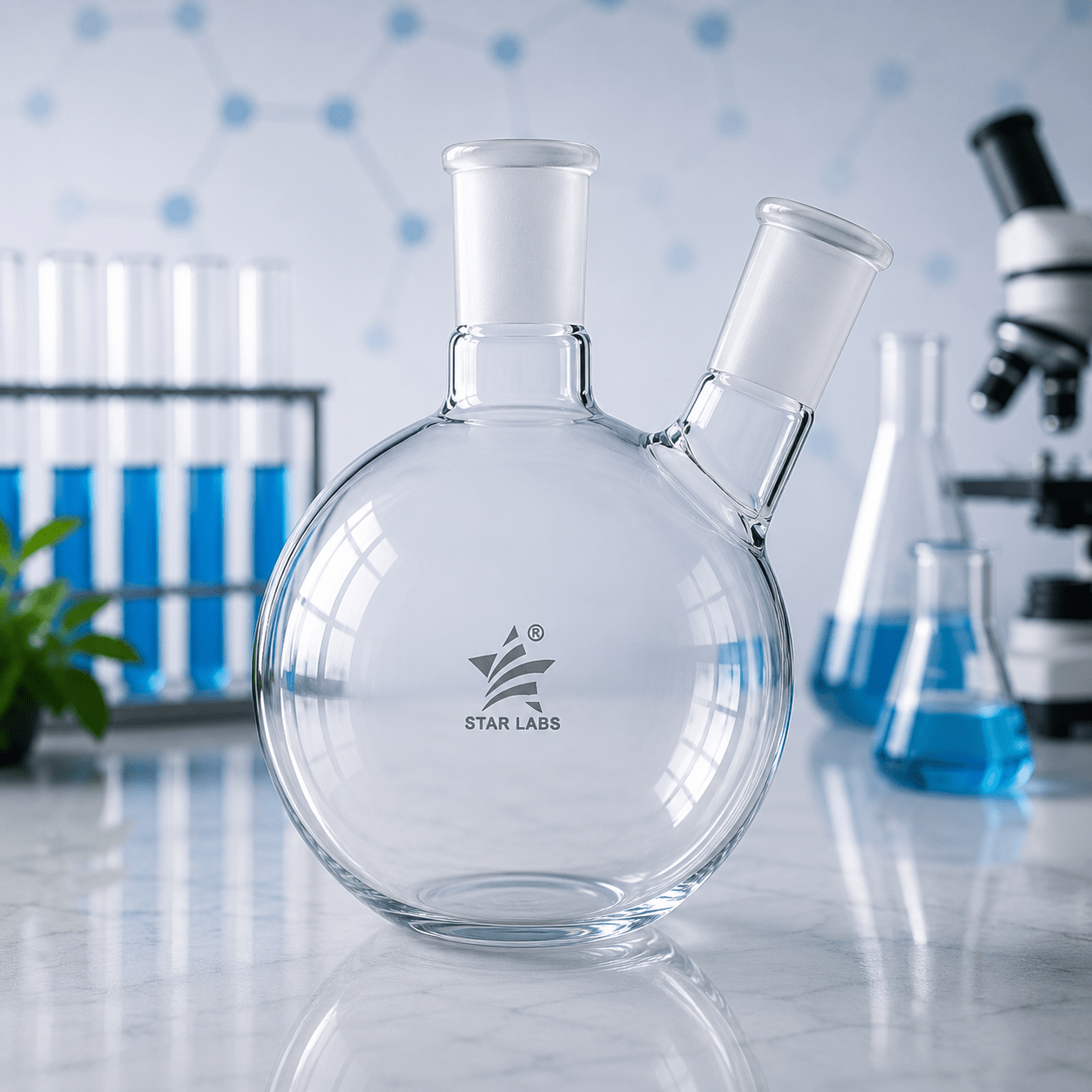 Flask Round Bottom, 2 Neck Parallel