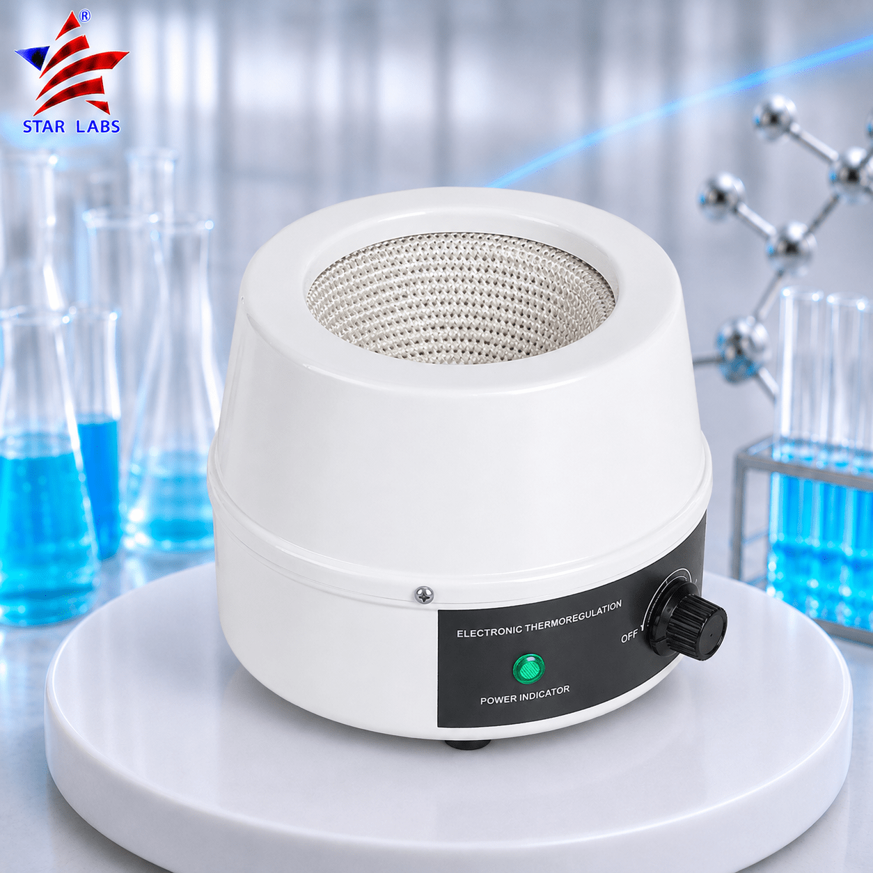 Heating mantle with heat-preserving design.It heats liquids with a large heating area.It is a laboratory tool for medicine and petrochemical industries.Capacity is 1000 mL.It includes an EU plug and supports 220V power